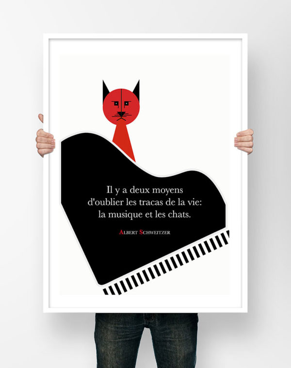 Affiche Citation Poster Littéraire - Albert Schweitzer Chat Musique Illustration