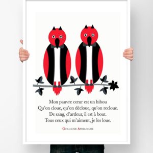 Affiche Poème Poster Littéraire - Guillaume Apollinaire Mon Pauvre Coeur est un hibou Illustration