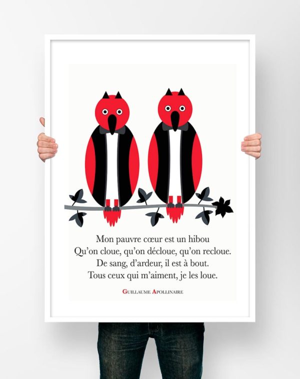 Affiche Poème Poster Littéraire - Guillaume Apollinaire Mon Pauvre Coeur est un hibou Illustration
