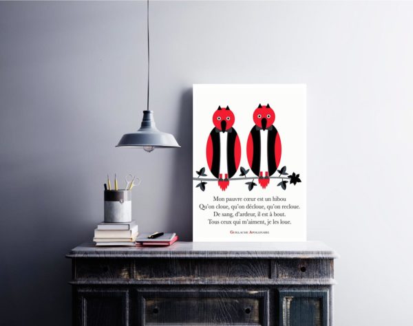 Affiche Poème Poster Littéraire - Guillaume Apollinaire Mon Pauvre Coeur est un hibou Illustration