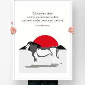 Affiche Citation Poster Littéraire - Ernest Hemingway Lion Mouton Illustration