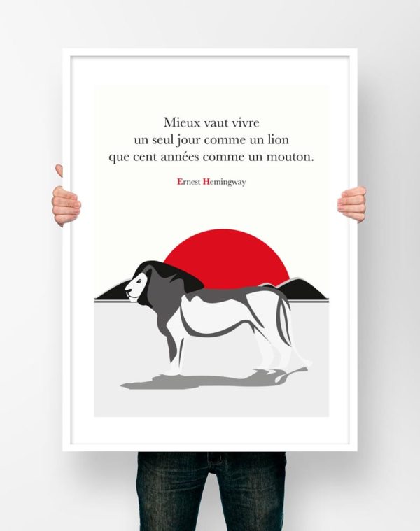 Affiche Citation Poster Littéraire - Ernest Hemingway Lion Mouton Illustration