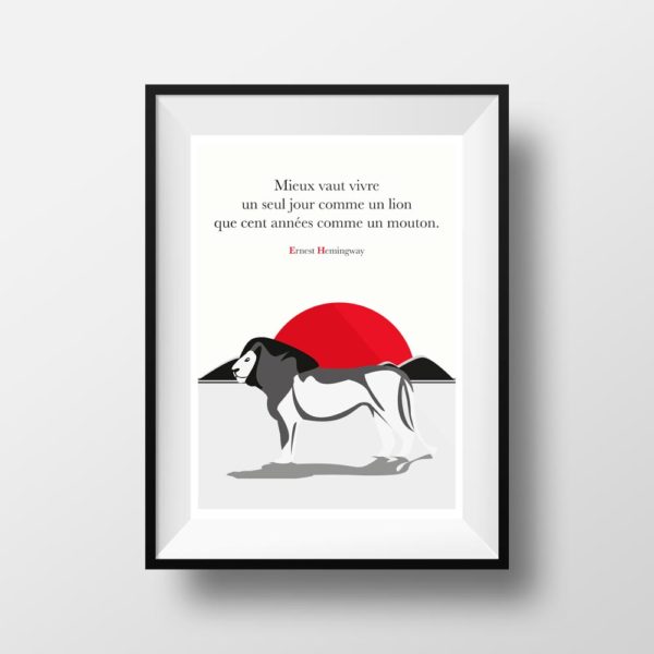 Affiche Citation Poster Littéraire - Ernest Hemingway Lion Mouton Illustration