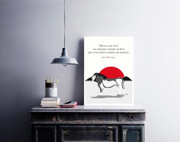 Affiche Citation Poster Littéraire - Ernest Hemingway Lion Mouton Illustration