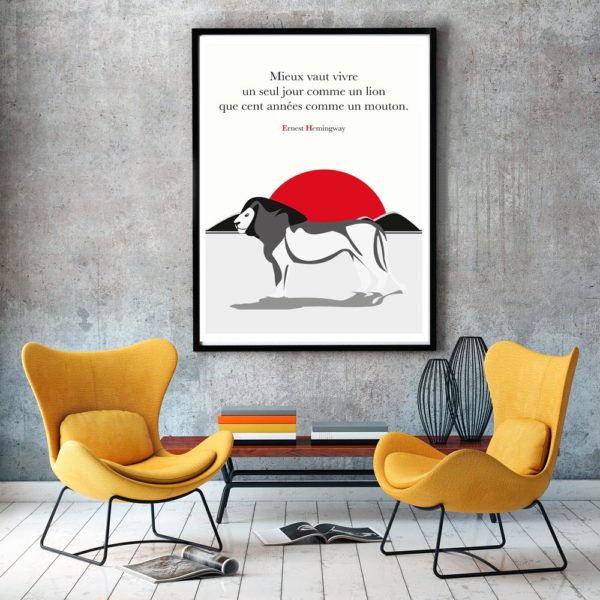 Affiche Citation Poster Littéraire - Ernest Hemingway Lion Mouton Illustration