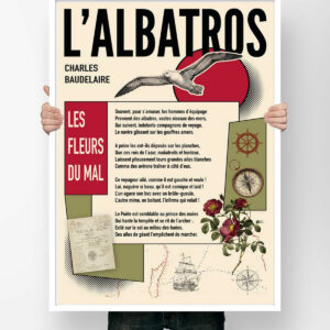Affiche du poème L'Albatros de Charles Baudelaire, collage rétro avec albatros gravé, boussole, roses et navire