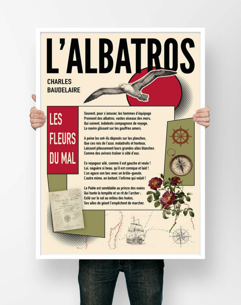 Affiche du poème L'Albatros de Charles Baudelaire, collage rétro avec albatros gravé, boussole, roses et navire