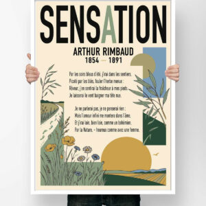 Affiche du poème Sensation d'Arthur Rimbaud, illustrée d'un chemin dans les blés, de coquelicots et d'un soleil couchant