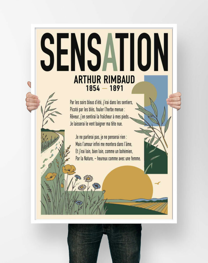 Affiche du poème Sensation d'Arthur Rimbaud, illustrée d'un chemin dans les blés, de coquelicots et d'un soleil couchant