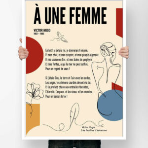 Affiche du poème À une femme de Victor Hugo, illustrée d'une silhouette féminine au trait, d'une colombe et d'une fleur