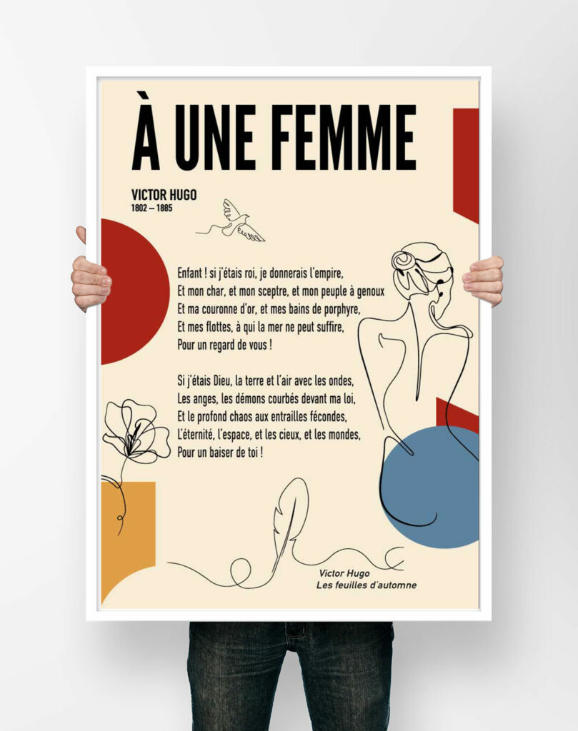 Affiche du poème À une femme de Victor Hugo, illustrée d'une silhouette féminine au trait, d'une colombe et d'une fleur
