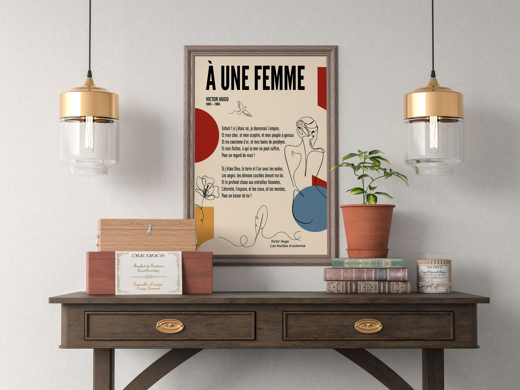 Affiche du poème À une femme de Victor Hugo, illustrée d'une silhouette féminine au trait, d'une colombe et d'une fleur en situation sur une étagère