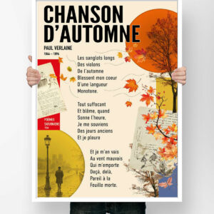 Affiche du poème Chanson d'automne de Paul Verlaine, collage de feuilles d'automne, de manuscrits anciens et d'une rue de Paris