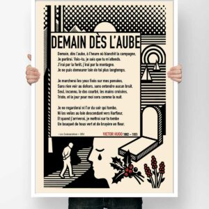 Affiche du poème Demain dès l'aube de Victor Hugo, illustration graphique noir et blanc d'un homme qui marche vers une tombe