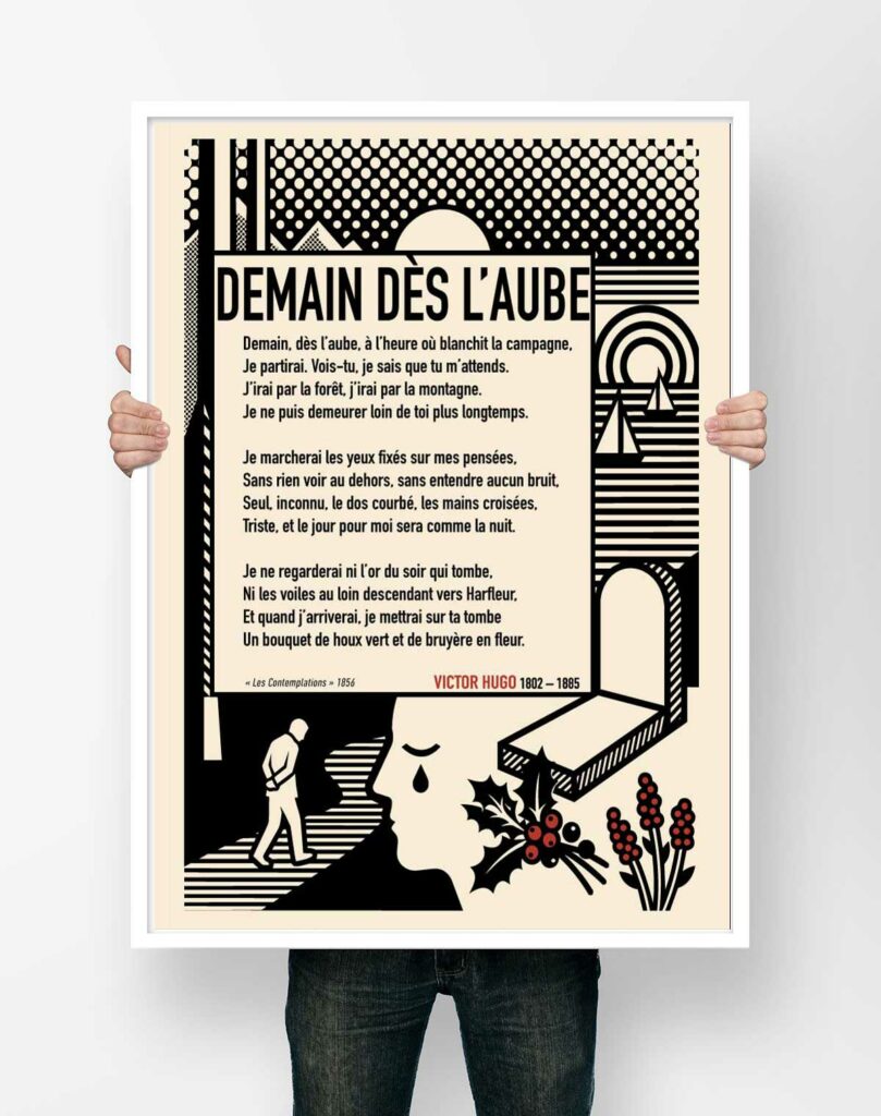 Affiche du poème Demain dès l'aube de Victor Hugo, illustration graphique noir et blanc d'un homme qui marche vers une tombe