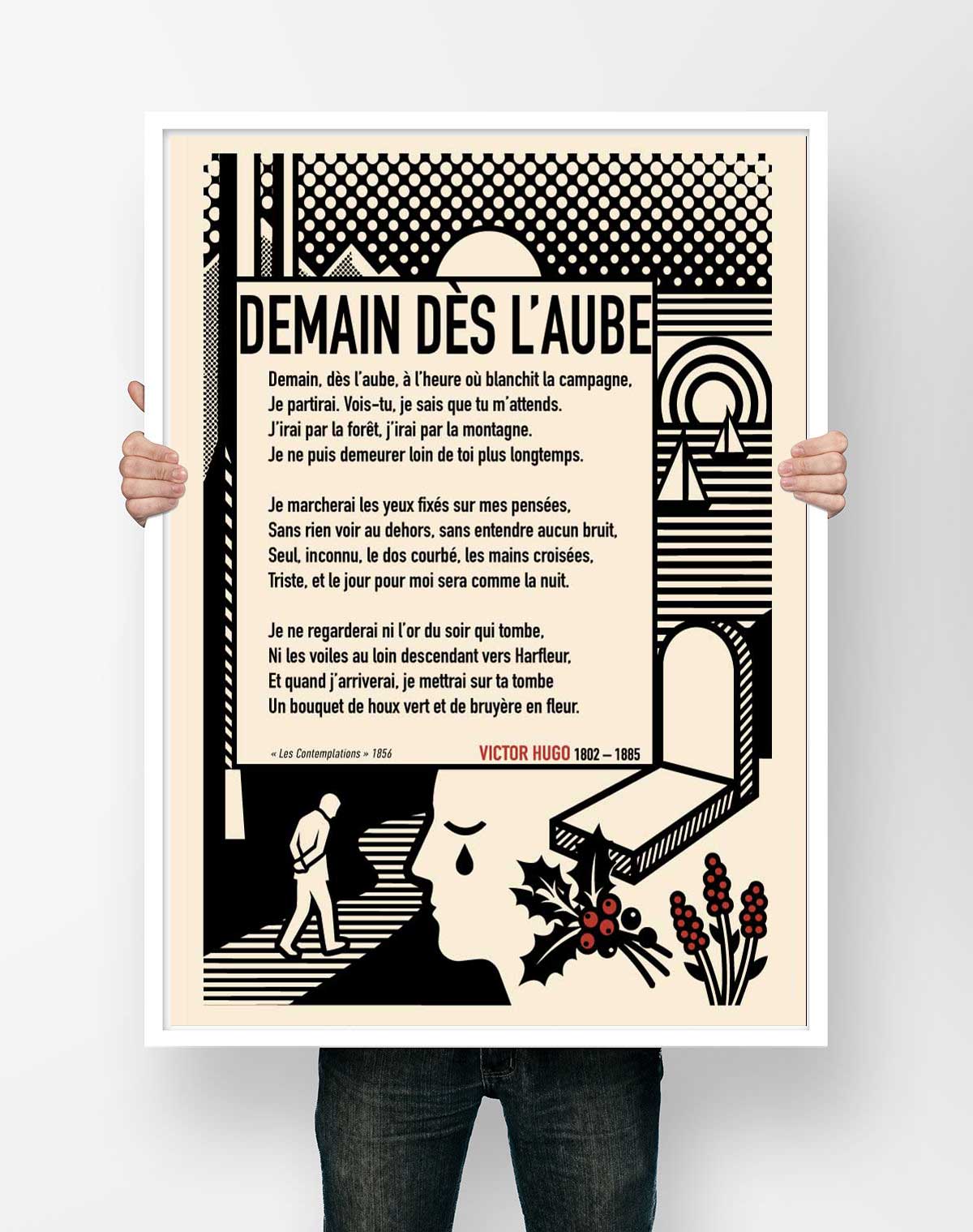 Affiche du poème Demain dès l'aube de Victor Hugo, illustration graphique noir et blanc d'un homme qui marche vers une tombe
