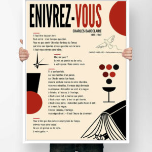 Affiche du poème en prose Enivrez-vous de Charles Baudelaire, illustrée de raisins, d'un verre, d'un livre ouvert et d'une colombe