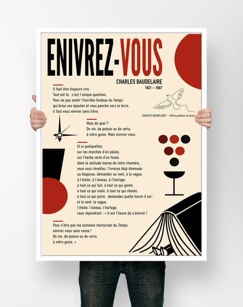 Affiche du poème en prose Enivrez-vous de Charles Baudelaire, illustrée de raisins, d'un verre, d'un livre ouvert et d'une colombe
