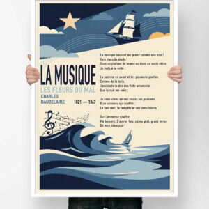 Affiche du poème La Musique de Charles Baudelaire, illustrée de vagues bleues, d'un voilier et d'une clé de sol