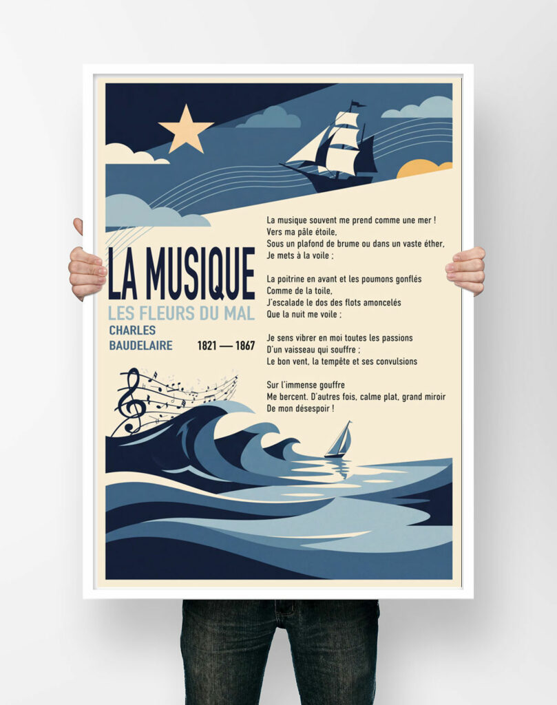 Affiche du poème La Musique de Charles Baudelaire, illustrée de vagues bleues, d'un voilier et d'une clé de sol