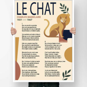 Affiche du poème Le Chat de Charles Baudelaire, illustrée d'un chat assis devant un soleil ocre