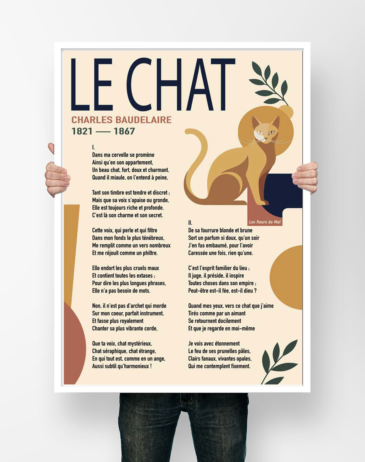 Affiche du poème Le Chat de Charles Baudelaire, illustrée d'un chat assis devant un soleil ocre