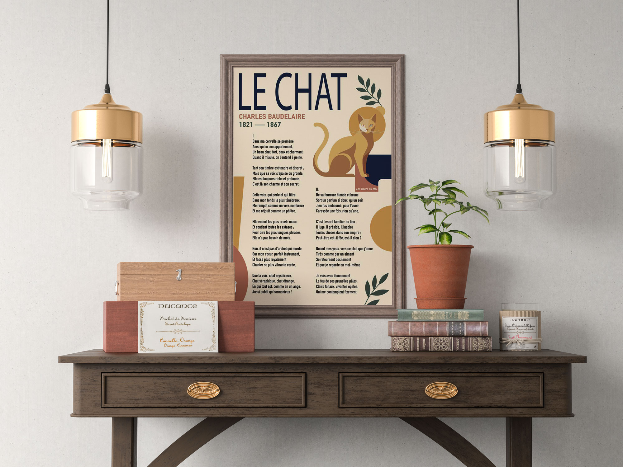 Affiche du poème Le Chat de Charles Baudelaire, illustrée sur une étagère