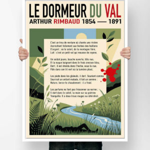 Affiche du poème Le Dormeur du val d'Arthur Rimbaud, illustrée d'une vallée verte, d'une rivière et d'une silhouette allongée dans l'herbe