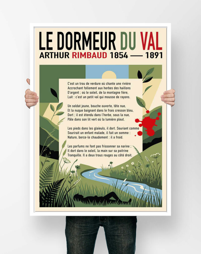 Affiche du poème Le Dormeur du val d'Arthur Rimbaud, illustrée d'une vallée verte, d'une rivière et d'une silhouette allongée dans l'herbe