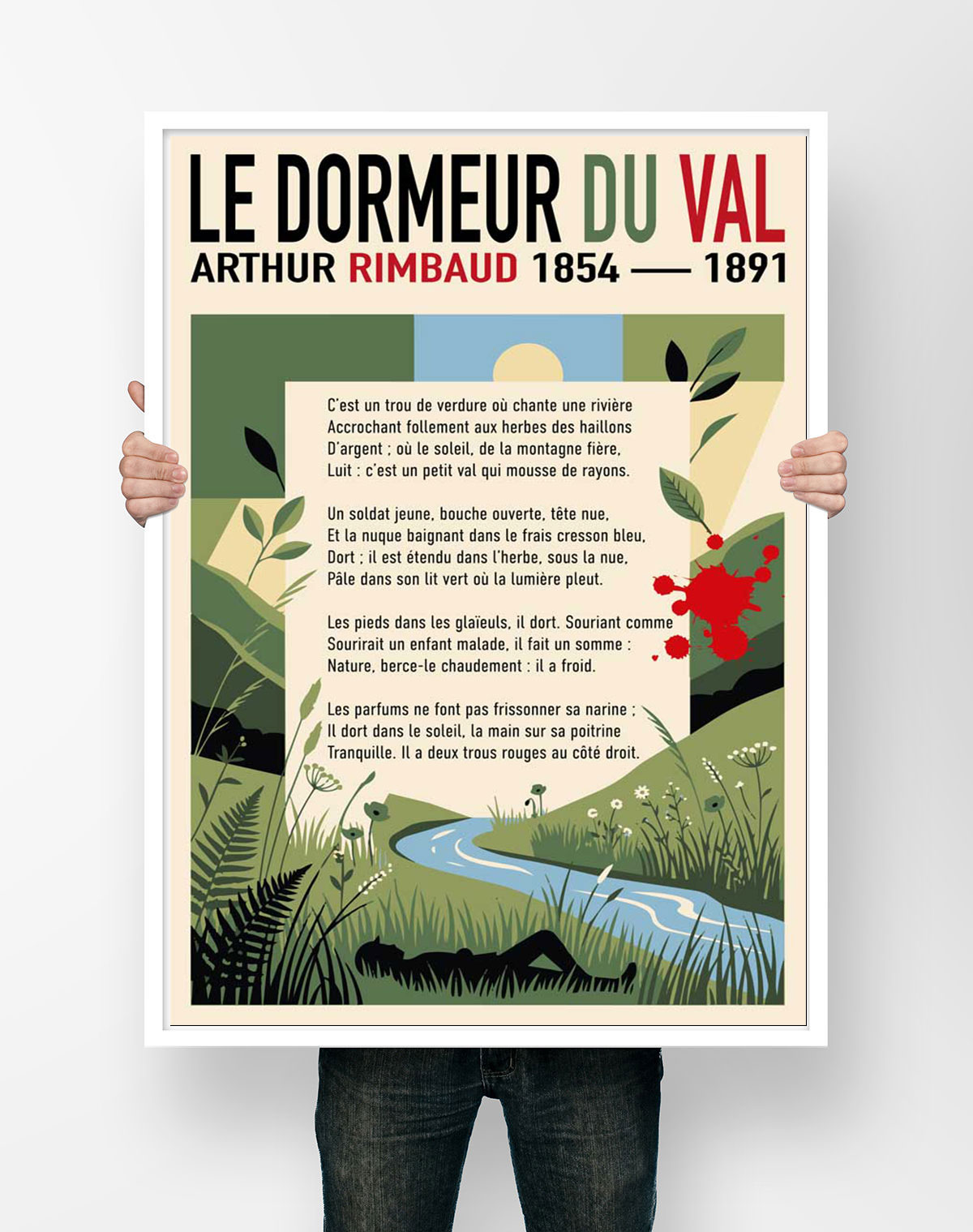 Affiche du poème Le Dormeur du val d'Arthur Rimbaud, illustrée d'une vallée verte, d'une rivière et d'une silhouette allongée dans l'herbe