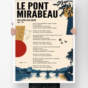 Affiche Le Pont Mirabeau, poème de Guillaume Apollinaire illustré d'un pont sur la Seine et de Notre-Dame