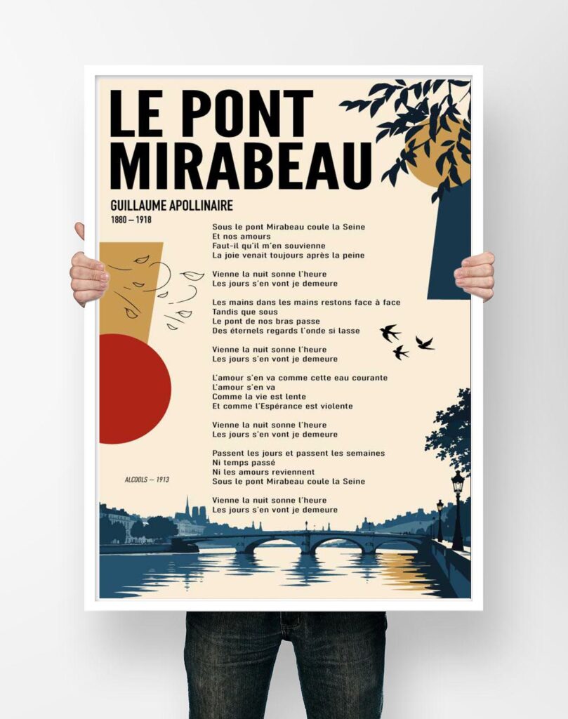 Affiche Le Pont Mirabeau, poème de Guillaume Apollinaire illustré d'un pont sur la Seine et de Notre-Dame