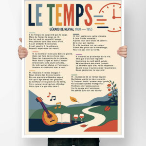 Affiche du poème Le Temps de Gérard de Nerval, illustrée d'une horloge, d'un luth, d'un livre ouvert et d'une route dans les collines