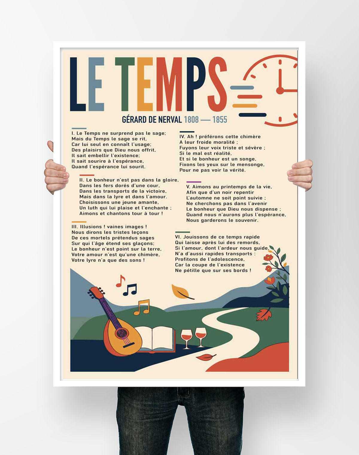 Affiche du poème Le Temps de Gérard de Nerval, illustrée d'une horloge, d'un luth, d'un livre ouvert et d'une route dans les collines