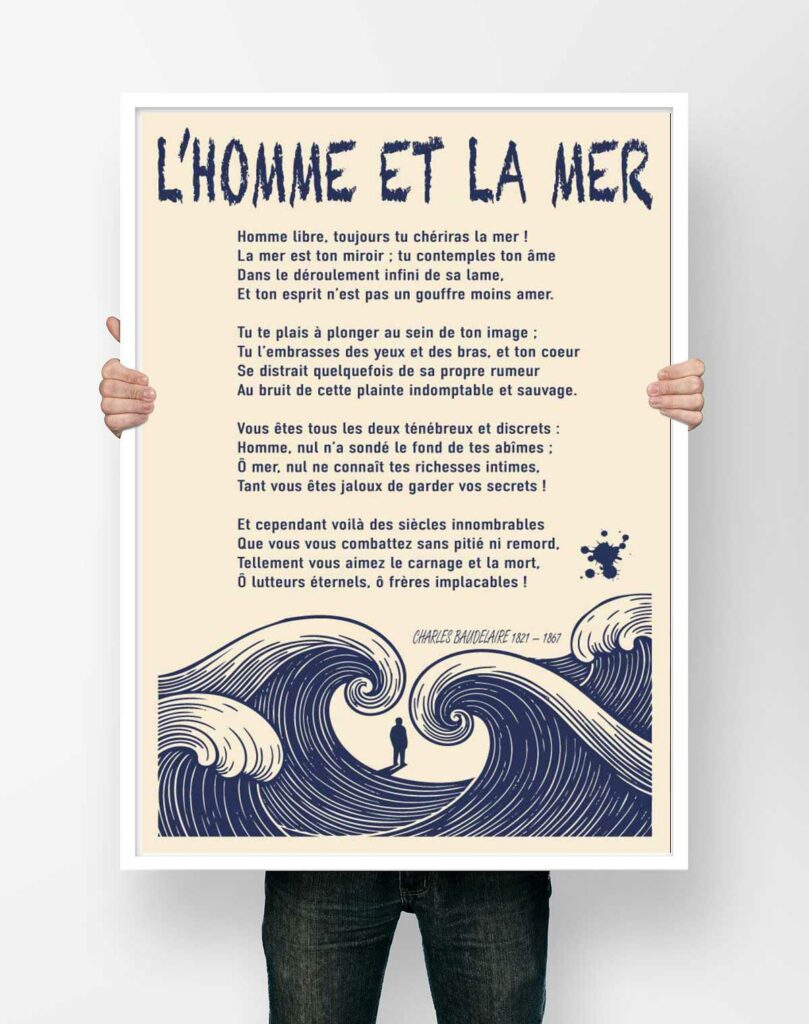 Affiche du poème L'Homme et la mer de Charles Baudelaire, illustrée de grandes vagues bleu marine et d'une silhouette face à l'océan