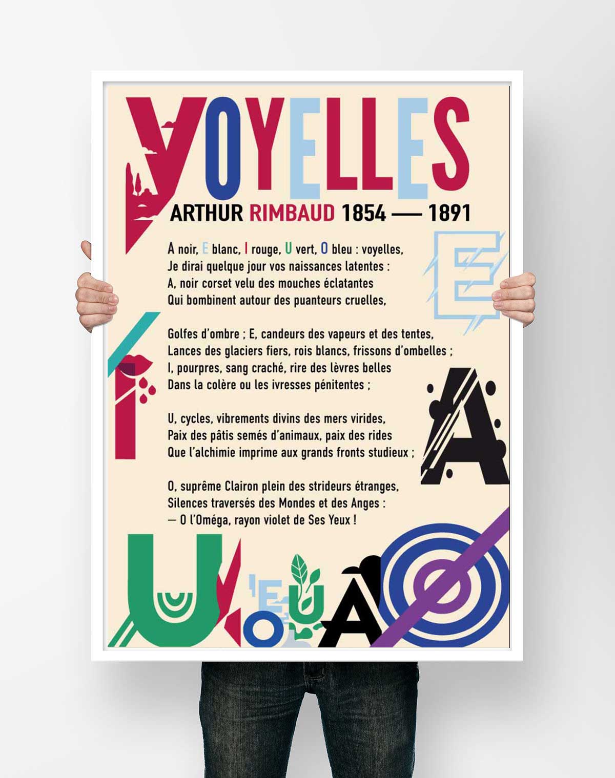 Affiche du poème Voyelles d'Arthur Rimbaud, composition typographique où chaque voyelle est illustrée dans sa couleur