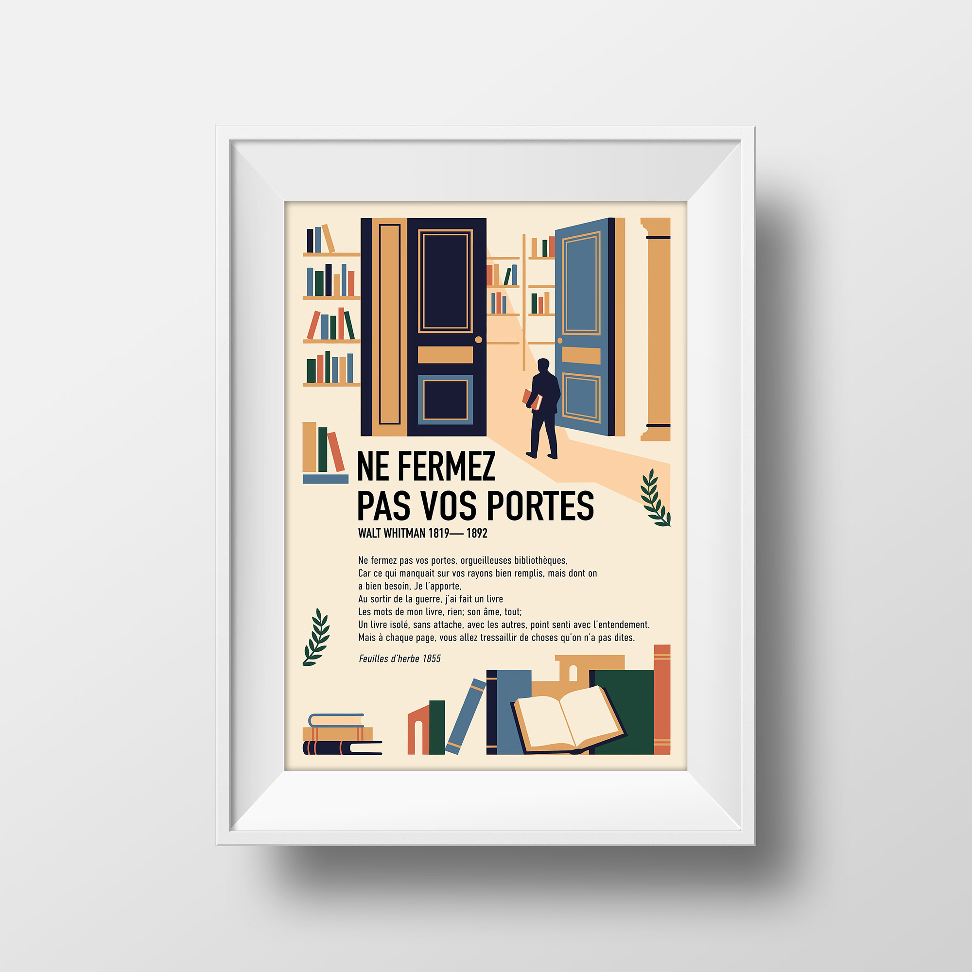 Affiche du poème Ne fermez pas vos portes de Walt Whitman, illustrée exemple encadrement