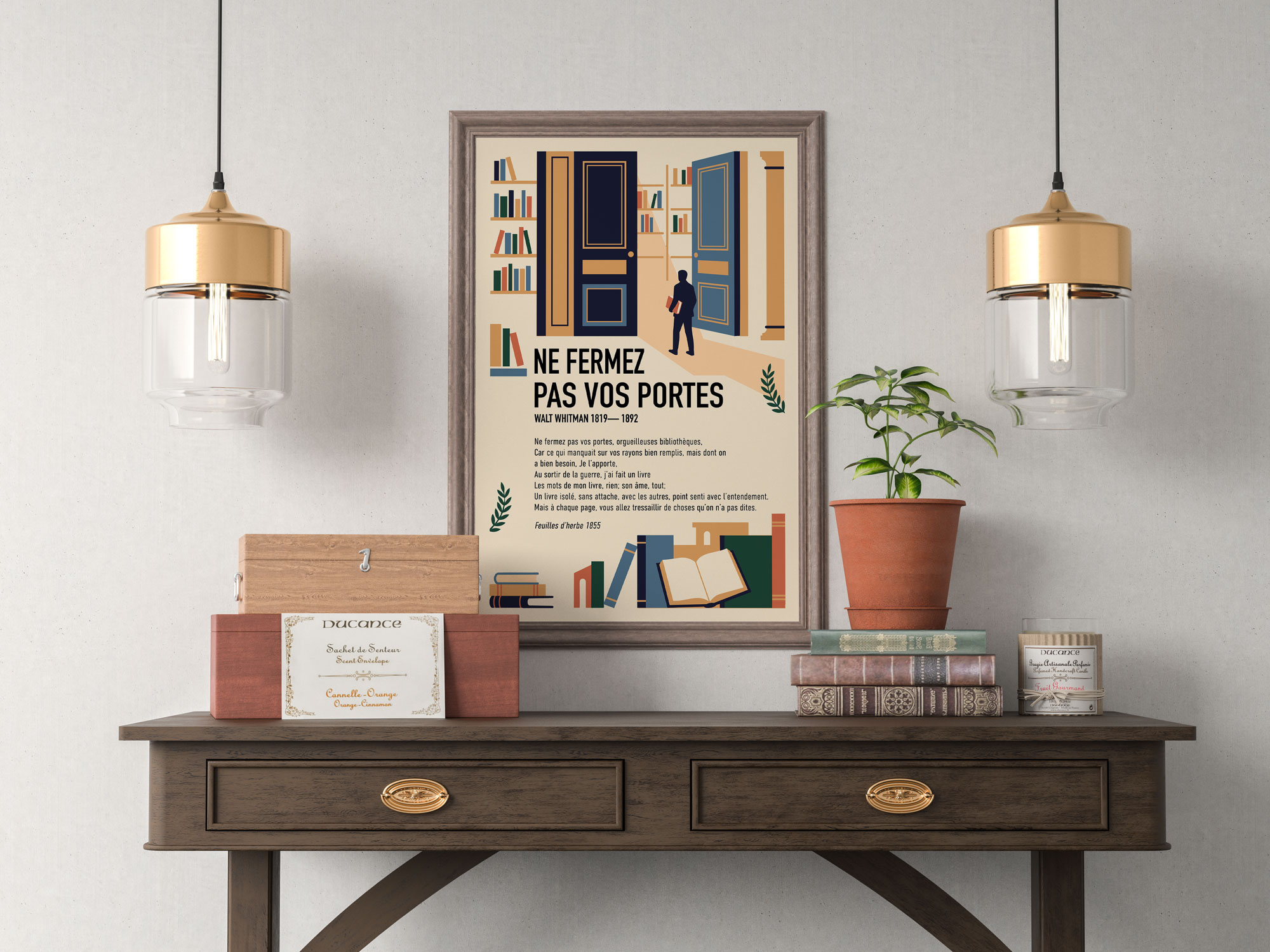 Affiche du poème Ne fermez pas vos portes de Walt Whitman en situation sur une étagère